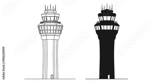 This image showcases a detailed architectural rendering of an air traffic control tower presented in both outlined and solid black silhouette high quality professional