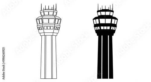 A striking comparison of two air traffic control towers one white and one black presented as a graphic illustration silhouette high quality professional detailed