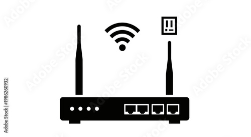 A minimalistic depiction of a wireless router with radiating signals and error icons presented as a striking silhouette high quality professional detailed modern elegant