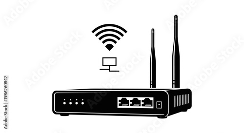A striking black and white depiction showcases a wireless router with prominent antennas radiating a wifi signal presented as a silhouette high quality professional