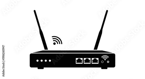 A stark black silhouette of a wireless router with two antennas and signal indicators is displayed against a white backdrop silhouette high quality professional