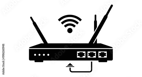 A stark black silhouette depicts a wireless router with extended antennas showcasing digital connectivity and modern technology silhouette high quality professional detailed elegant stylish