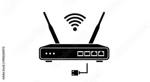 A stark black silhouette depicts a wireless router with prominent antennas and ports showcasing modern connectivity technology silhouette high quality professional detailed elegant stylish