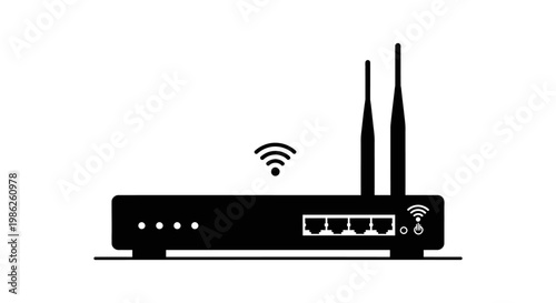 A stark black silhouette of a modern wireless router with prominent antennas and signal indicators against a white backdrop silhouette high quality professional detailed