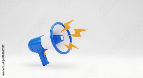 Modern 3D bullhorn with lightning symbols representing fast communication and news.