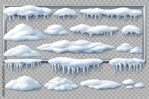 Realistic 3D Snow Caps and Icicles Collection on Silver Frame. Winter Snow Piles, Snowdrifts, and Frozen Ice Borders for Christmas and Holiday Graphic Design. Transparent Background Illustration.