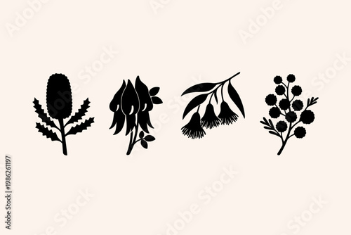 Minimalist silhouette illustration of iconic Australian native flora including Banksia, Sturt's Desert Pea, Eucalyptus gum blossoms, and Golden Wattle, isolated on a clean neutral background.
