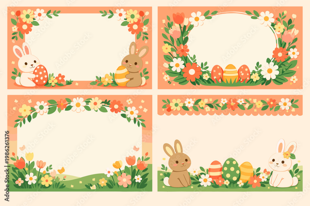 Naklejka premium Set of four cute Easter greeting card templates featuring adorable bunnies, colorful patterned eggs, and vibrant spring floral frames in peach, yellow, and green colors for holiday invitations.