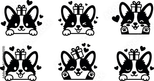 Black and white corgi faces with gift boxes and hearts vector art set