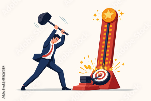 Businessman in a suit swinging a heavy hammer at a high striker strength tester machine to hit the target and reach the star at the top, symbolizing business success, power, and achievement.