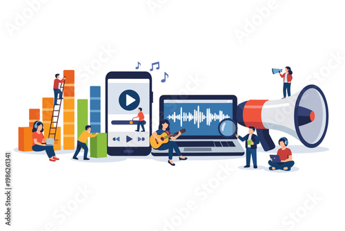 Creative vector illustration of tiny people interacting with audio equipment, sound bars, smartphone, laptop, and megaphone. Concept for podcasting, music streaming, and sound engineering.