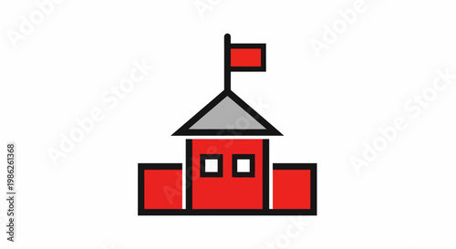 Minimalist red fortress or government building icon featuring a pointed roof and a flying flag, symbolizing authority, heritage, and civic administration in a simplified graphic design