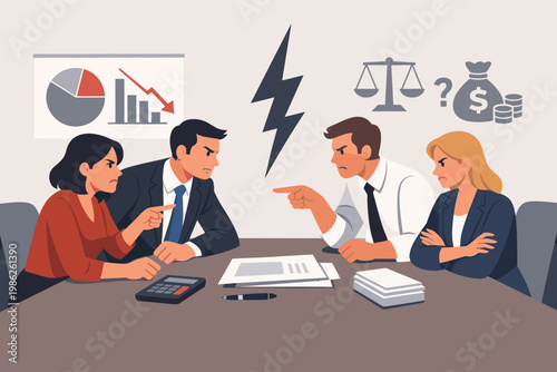 Angry Business People Arguing in a Tense Meeting Over Financial Loss and Corporate Disputes with Lightning Bolt, Money Bag, and Scales of Justice Icons in Flat Vector Illustration Design.