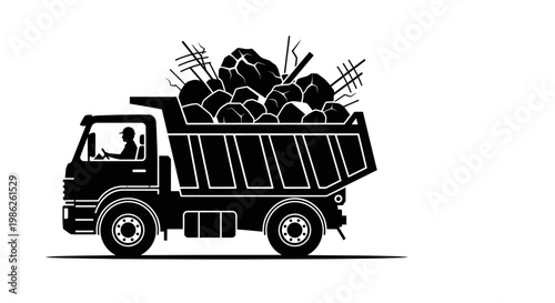 A black silhouette depicts a fully loaded dump truck carrying a large pile of rocks and debris illustrating construction or demolition work silhouette