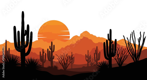 A vibrant desert landscape unfolds with towering saguaro cacti and distant mountains bathed in warm orange sunset hues creating a striking silhouette high quality