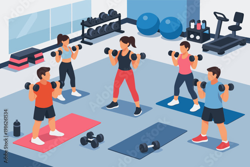 Isometric Vector Illustration of a Group Fitness Class in a Modern Gym. Men and Women Lifting Dumbbells on Exercise Mats with Equipment like Treadmill, Weight Rack, and Stability Balls.