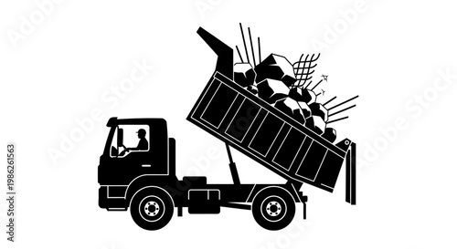 A stark black silhouette depicts a fully loaded dump truck in the process of unloading its rocky cargo silhouette high quality professional detailed modern