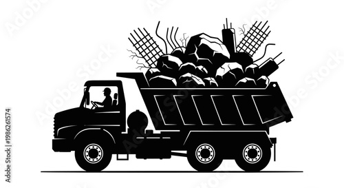 A detailed black and white illustration depicts a loaded dump truck with rocks and rebar conveying construction and heavy industry silhouette high quality professional