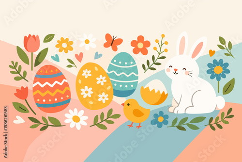Happy Easter Horizontal Banner with Cute White Rabbit, Little Yellow Chick, Colorful Decorated Eggs, and Blooming Spring Flowers. Vector Illustration for Greeting Cards, Headers, and Posters.