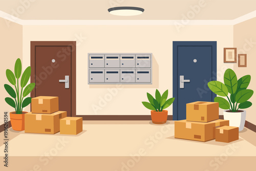 Apartment Building Hallway Interior with Entrance Doors, Mailboxes, and Cardboard Boxes. Vector Illustration of a Lobby with Moving Boxes, Potted Plants, and Doors for Relocation Concept.