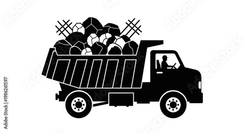 A black silhouette depicts a fully loaded dump truck carrying large rocks and debris showcasing industrial transport silhouette high quality professional detailed modern elegant