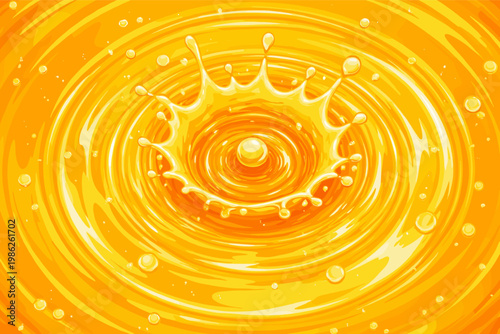 Vibrant Yellow Liquid Splash and Ripple Effect with Crown Shape from a Droplet Impact, Top View Vector Illustration of Orange Juice, Honey, or Oil Surface with Concentric Waves and Bubbles