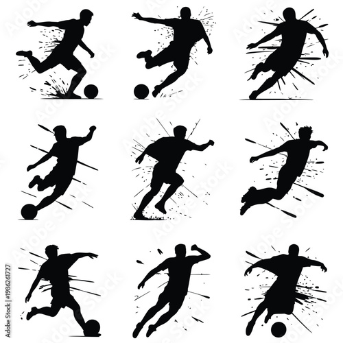 Silhouette of soccer players in various kicking poses