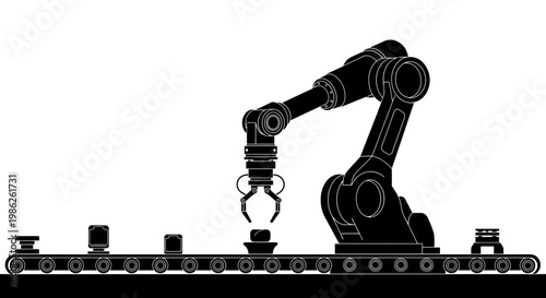A robotic arm extends over a conveyor belt with small cube shaped objects illustrating an automated manufacturing process silhouette high quality professional detailed modern
