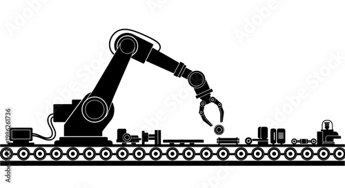 This image depicts a robotic arm operating on an assembly line alongside various industrial components presented as a silhouette high quality professional detailed modern