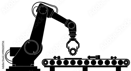 A detailed illustration showcases a robotic arm positioned above a conveyor belt with metal components demonstrating automated manufacturing processes silhouette high quality professional modern