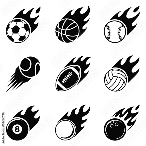 Collection of sports balls with flame icons