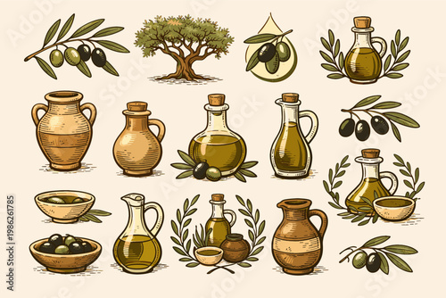 Vintage Hand Drawn Olive Oil Collection with Olive Tree Branches, Leaves, Green and Black Olives, Ceramic Pots, Clay Vases, Glass Bottles, and Oil Drops in a Classic Engraving Sketch Style