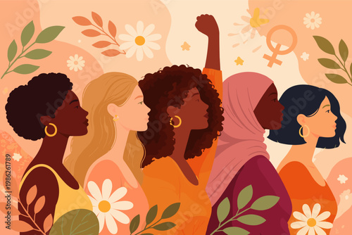 Empowering Women's History Month Vector Illustration Featuring Diverse Female Silhouettes, a Raised Fist for Equality, and Floral Accents. Celebrating Feminism, Unity, and Global Sisterhood.