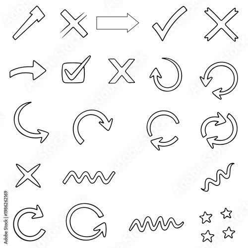 Collection of hand drawn arrow check and cross symbols with various shapes