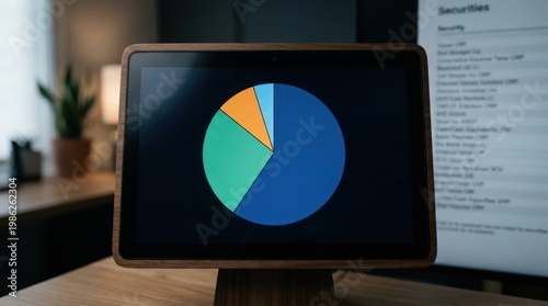 Medium shot of a digital pie chart displaying a conservative portfolio allocation with a focus on bonds and cash security list blurred softly in the background.