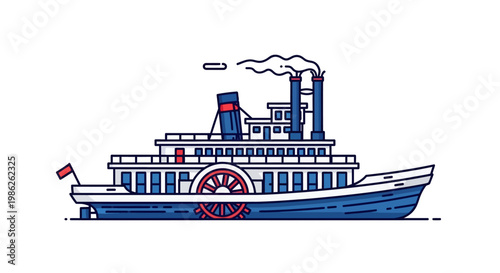 A colorful detailed illustration depicts a vintage paddle steamer with multiple smokestacks and a flag presented as a silhouette high quality professional modern elegant