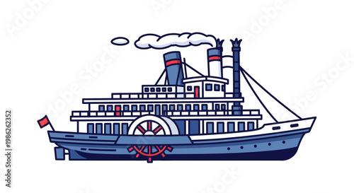A detailed illustration depicts a vintage paddle steamer with two smokestacks emitting smoke set against a white background a striking silhouette high quality professional