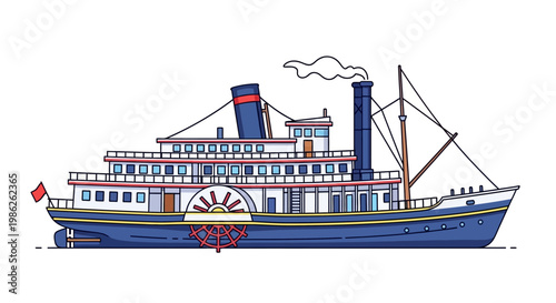 A colorful illustration depicts a vintage paddle steamer boat complete with smokestacks and detailed railings presented as a silhouette high quality professional modern elegant