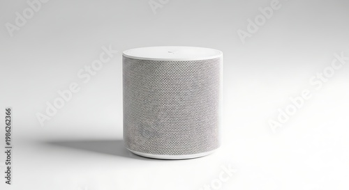 Minimalist white smart speaker isolated on white background.