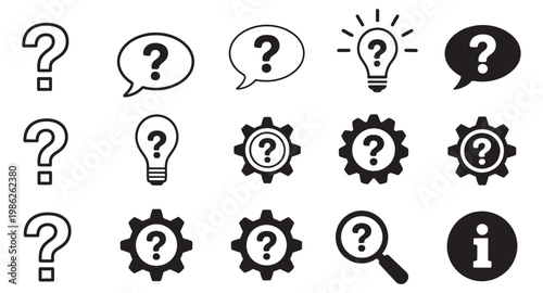 Question mark icons set with gear and lightbulb, troubleshooting technical support symbols, problem solving concept, minimal vector line and black style