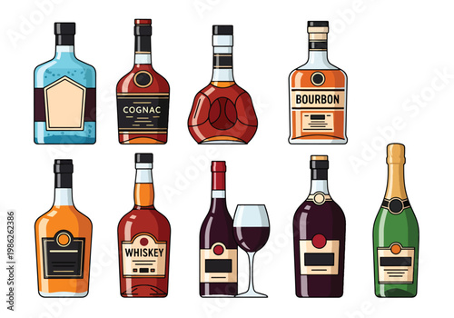 Assorted alcohol bottles and drinkware including whiskey, cognac, gin, bourbon, wine, champagne, and glasses arranged in clean flat design isolated on light background