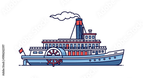 A charming illustration depicts a vintage paddle steamer with detailed lines and coloring creating a striking silhouette high quality professional modern elegant stylish clean