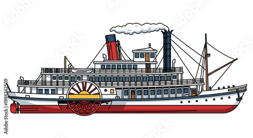 A detailed illustration showcases a vintage paddle steamer boat with prominent smokestacks and a paddlewheel presented as a silhouette high quality professional modern elegant