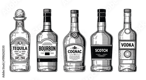 Classic engraved style alcohol bottles featuring tequila, bourbon, cognac, scotch, and vodka with detailed linework labels in vintage monochrome illustration style