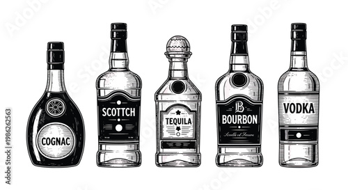 Classic engraved style alcohol bottles featuring tequila, bourbon, cognac, scotch, and vodka with detailed linework labels in vintage monochrome illustration style