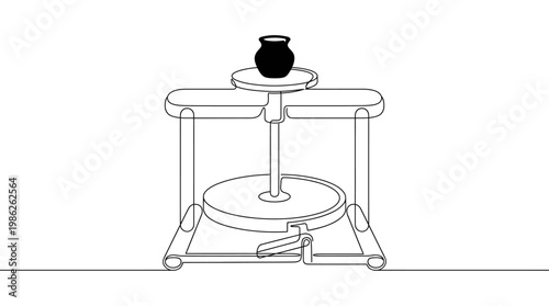 Potter Kick Wheel Single Continuous Line Drawing Minimal Monoline Pottery Craft Vector Illustration