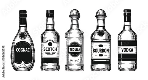 Classic engraved style alcohol bottles featuring tequila, bourbon, cognac, scotch, and vodka with detailed linework labels in vintage monochrome illustration style