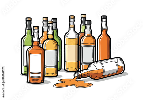 фотографія Group of colorful liquor bottles including whiskey, wine, and spirits with one b