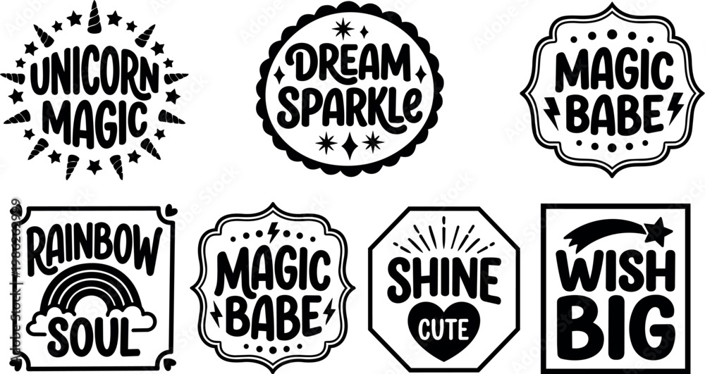Obraz premium Black and white magic babe dream sparkle unicorn magic sunshine quotes vector art