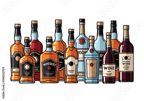 Row of premium whiskey and liquor bottles with elegant label designs and amber tones, presented in clean flat style suitable for branding, packaging, and bar visuals